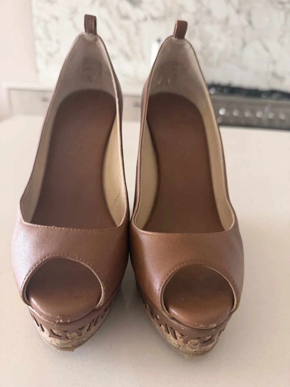 Jimmy Choo Brown Leather Peep Toe Cork Wedge Pumps EU 38 - Picture 1 of 4